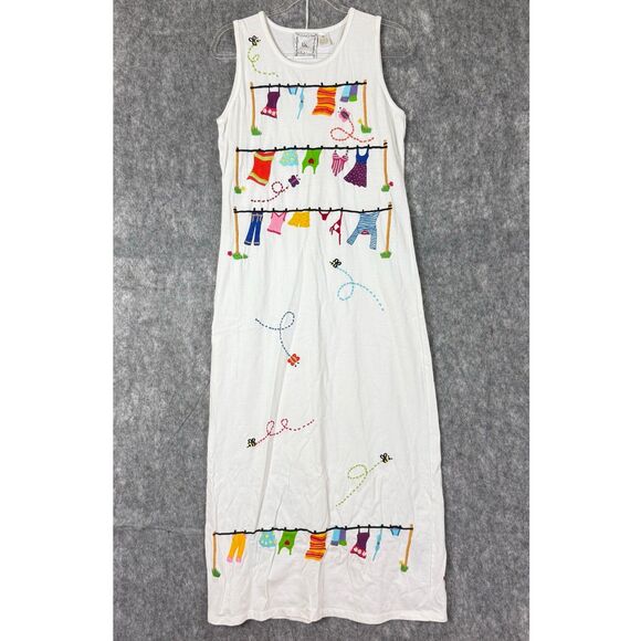 Vtg Michael Simon Lite Maxi Dress Clothes Line Breezy Bugs Summer Embroidered, M - Picture 1 of 11
